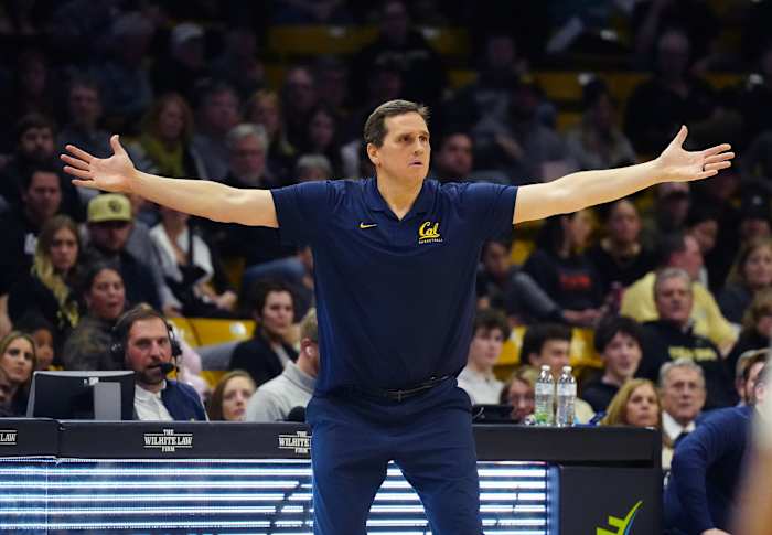 Feb 28, 2024; Boulder, Colorado, USA; California Golden Bears head coach Mark Madsen reacts in the first half against the Colorado Buffaloes at the CU Events Center. Mandatory Credit: Ron Chenoy-USA TODAY Sports